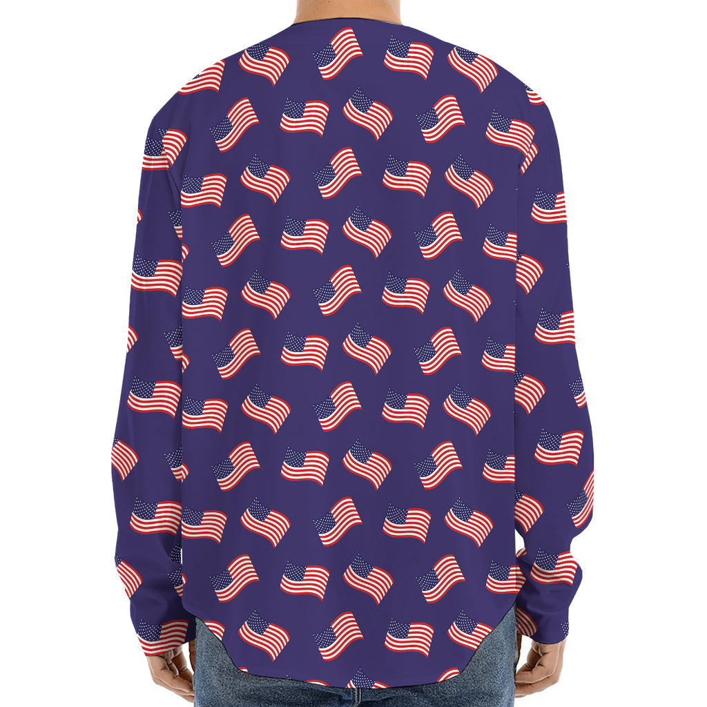 4th of July American Flag Pattern Print Long Sleeve Baseball Jersey
