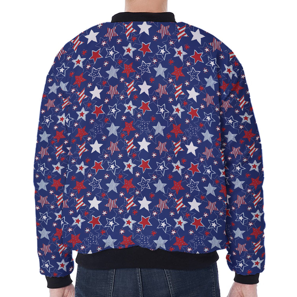 4th of July American Star Pattern Print Zip Sleeve Bomber Jacket