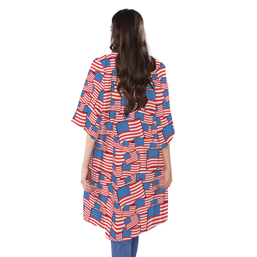 4th of July USA Flag Pattern Print Open Front Beach Cover Up