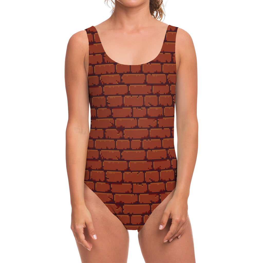 8-Bit Pixel Brick Wall Print One Piece Swimsuit