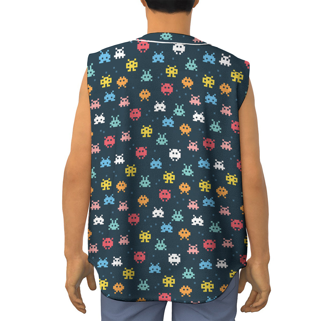 8-Bit Video Game Monsters Pattern Print Sleeveless Baseball Jersey