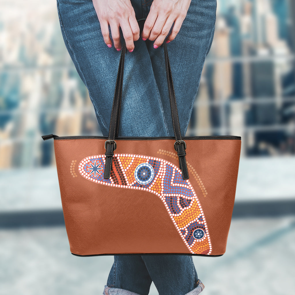 Aboriginal Dot Boomerang Print Leather Tote Bag