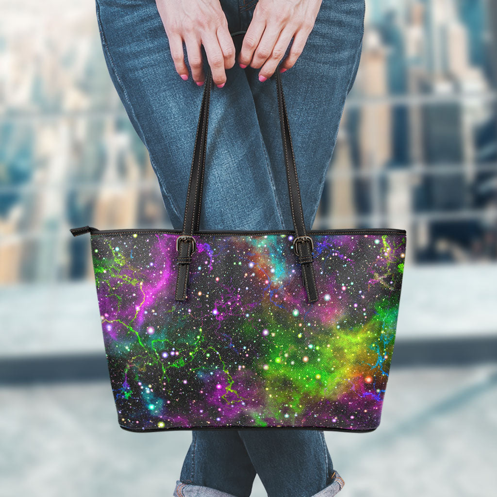 Abstract Dark Galaxy Space Print Leather Tote Bag