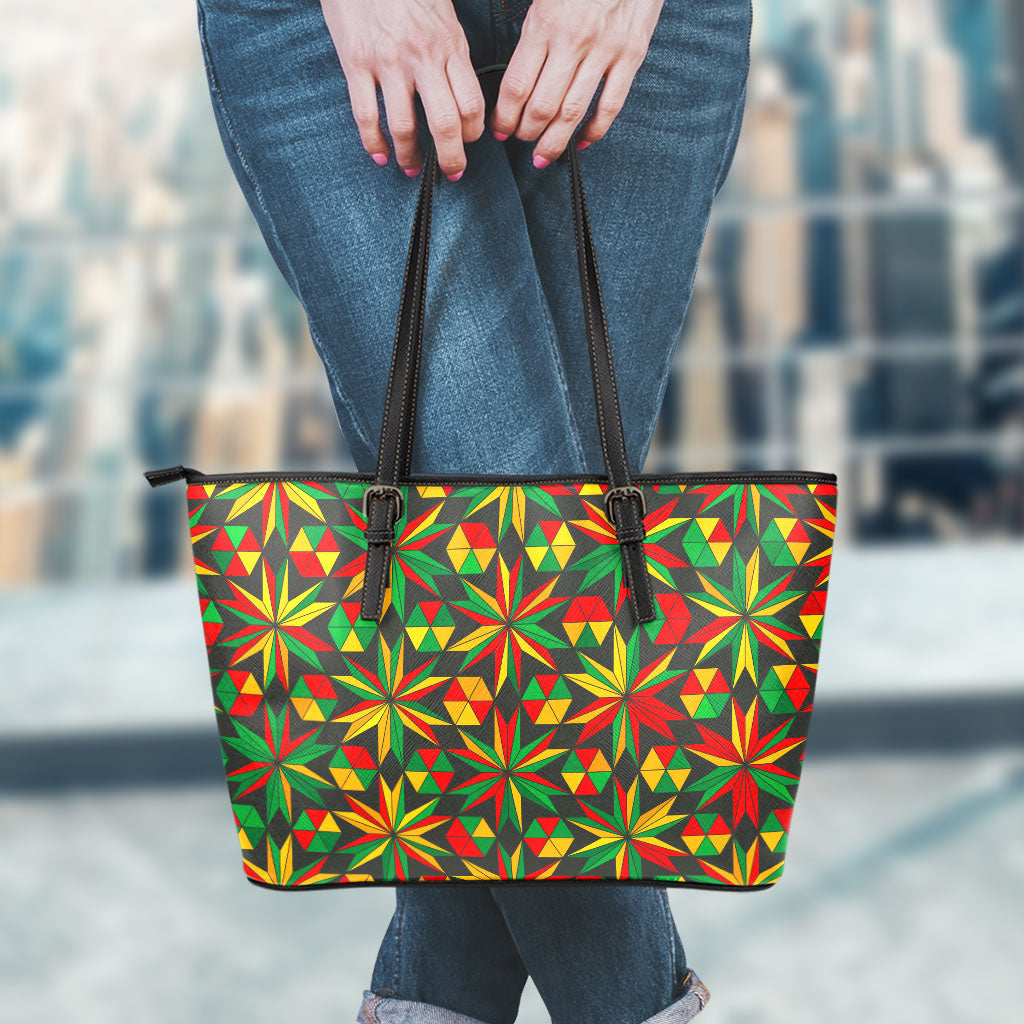Abstract Geometric Reggae Pattern Print Leather Tote Bag