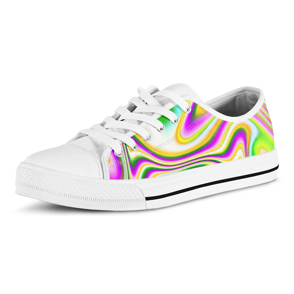 Abstract Holographic Liquid Trippy Print White Low Top Sneakers