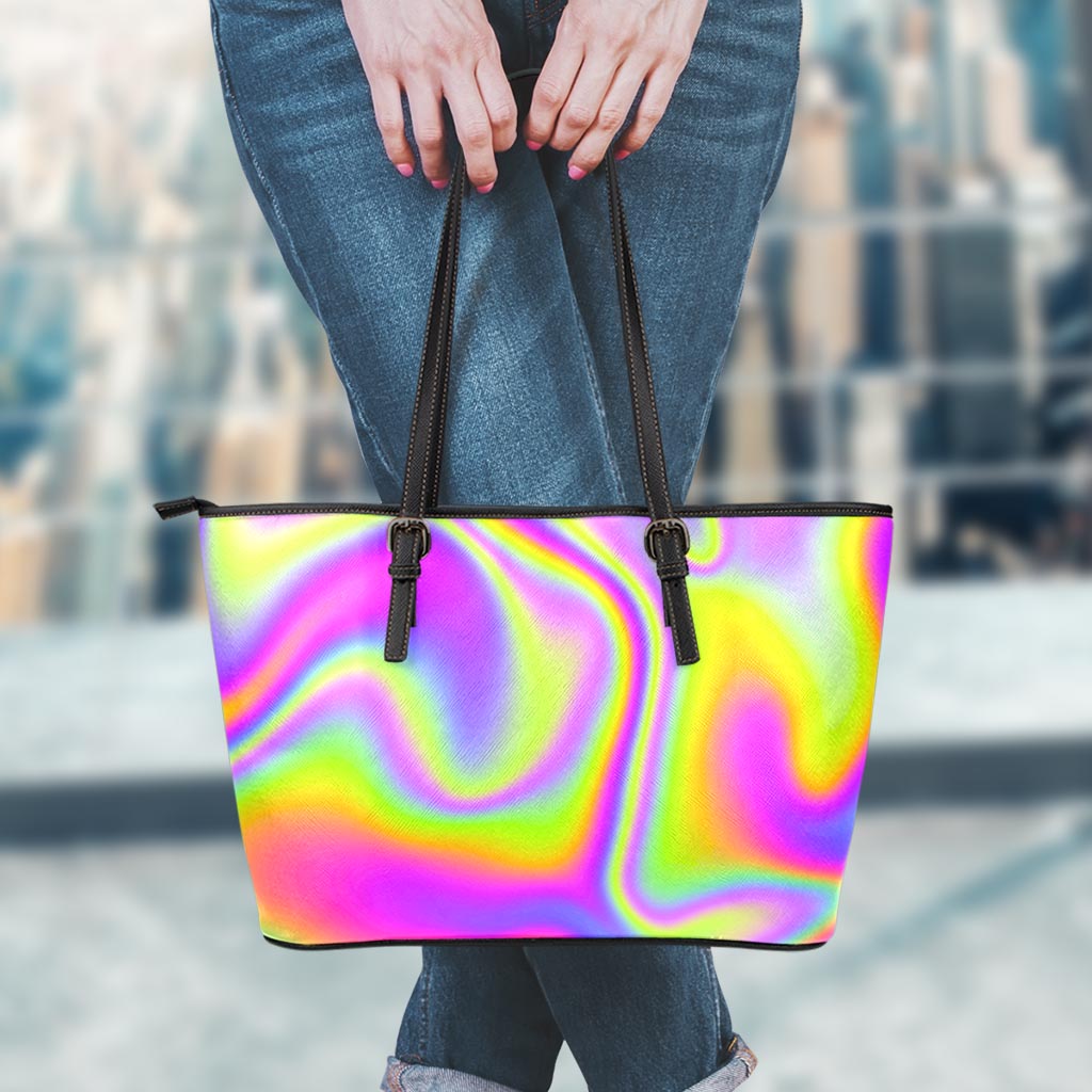 Abstract Holographic Trippy Print Leather Tote Bag