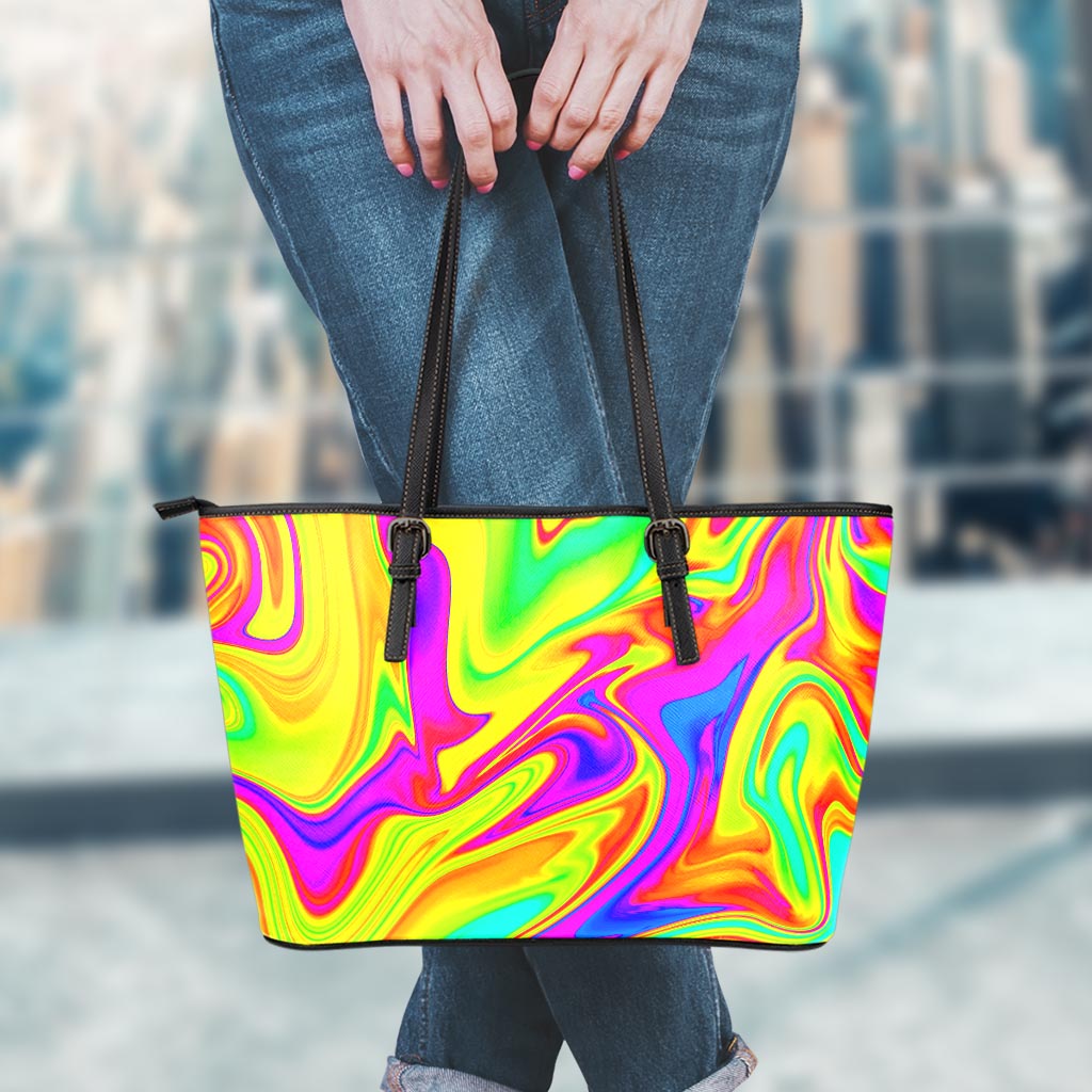 Abstract Liquid Trippy Print Leather Tote Bag