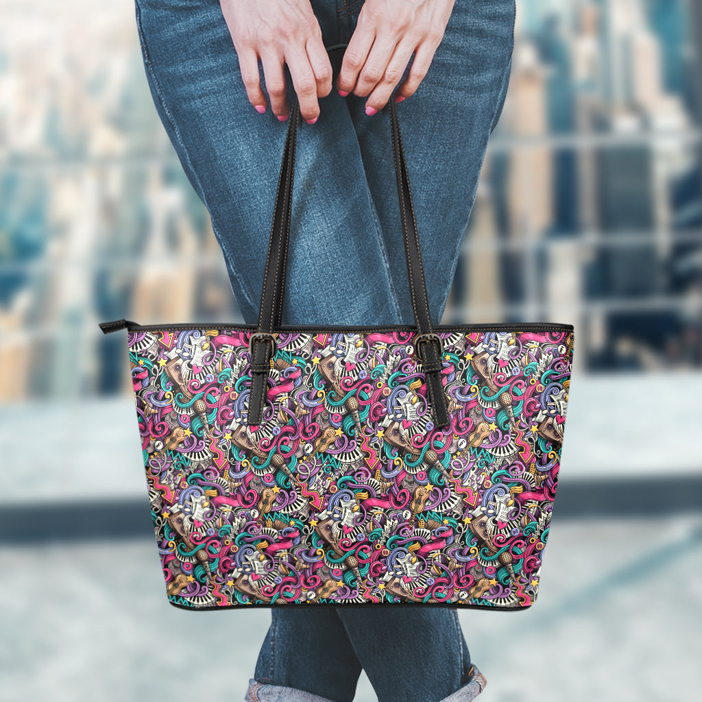 Abstract Music Pattern Print Leather Tote Bag