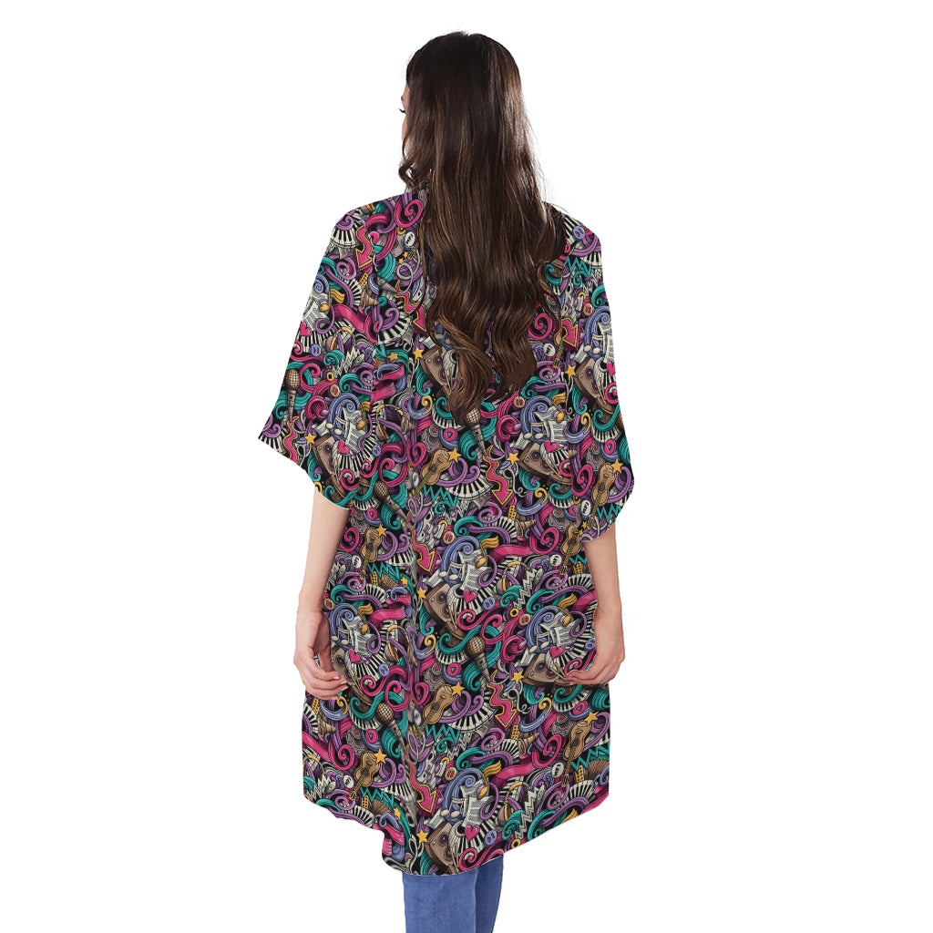 Abstract Music Pattern Print Open Front Beach Cover Up