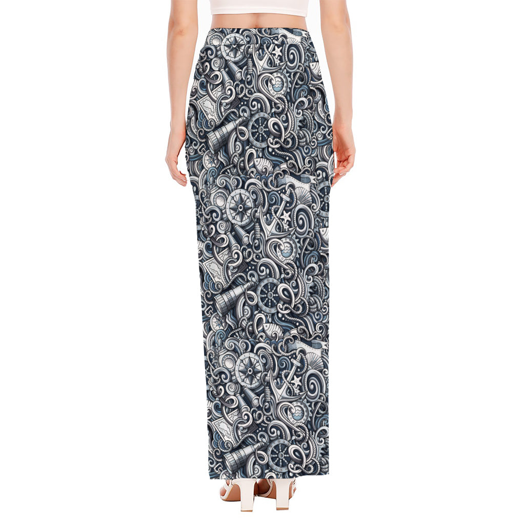 Abstract Nautical Anchor Pattern Print High Slit Maxi Skirt