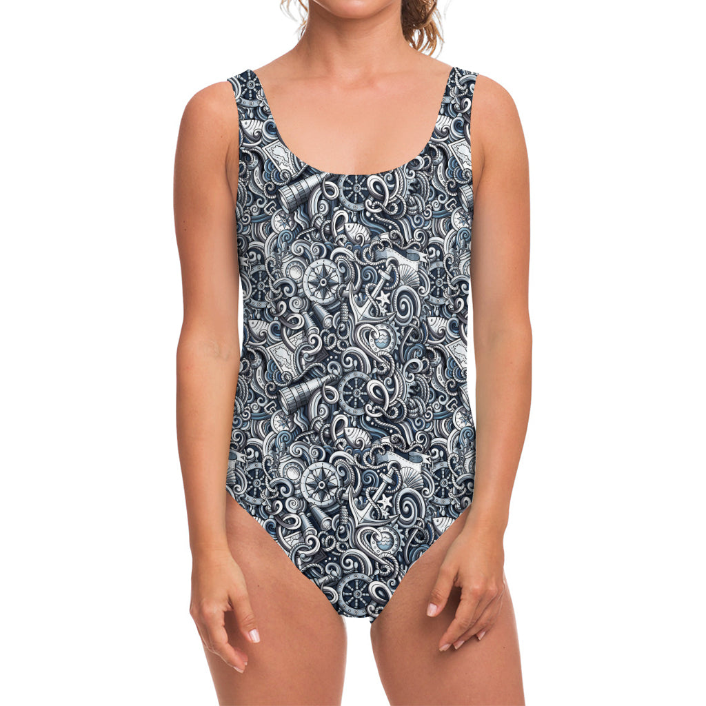 Abstract Nautical Anchor Pattern Print One Piece Swimsuit