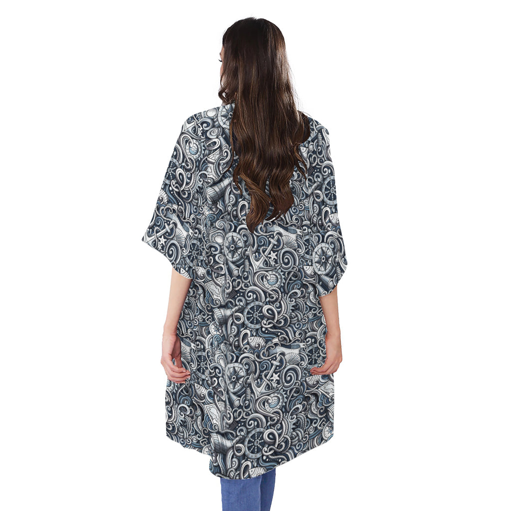 Abstract Nautical Anchor Pattern Print Open Front Beach Cover Up