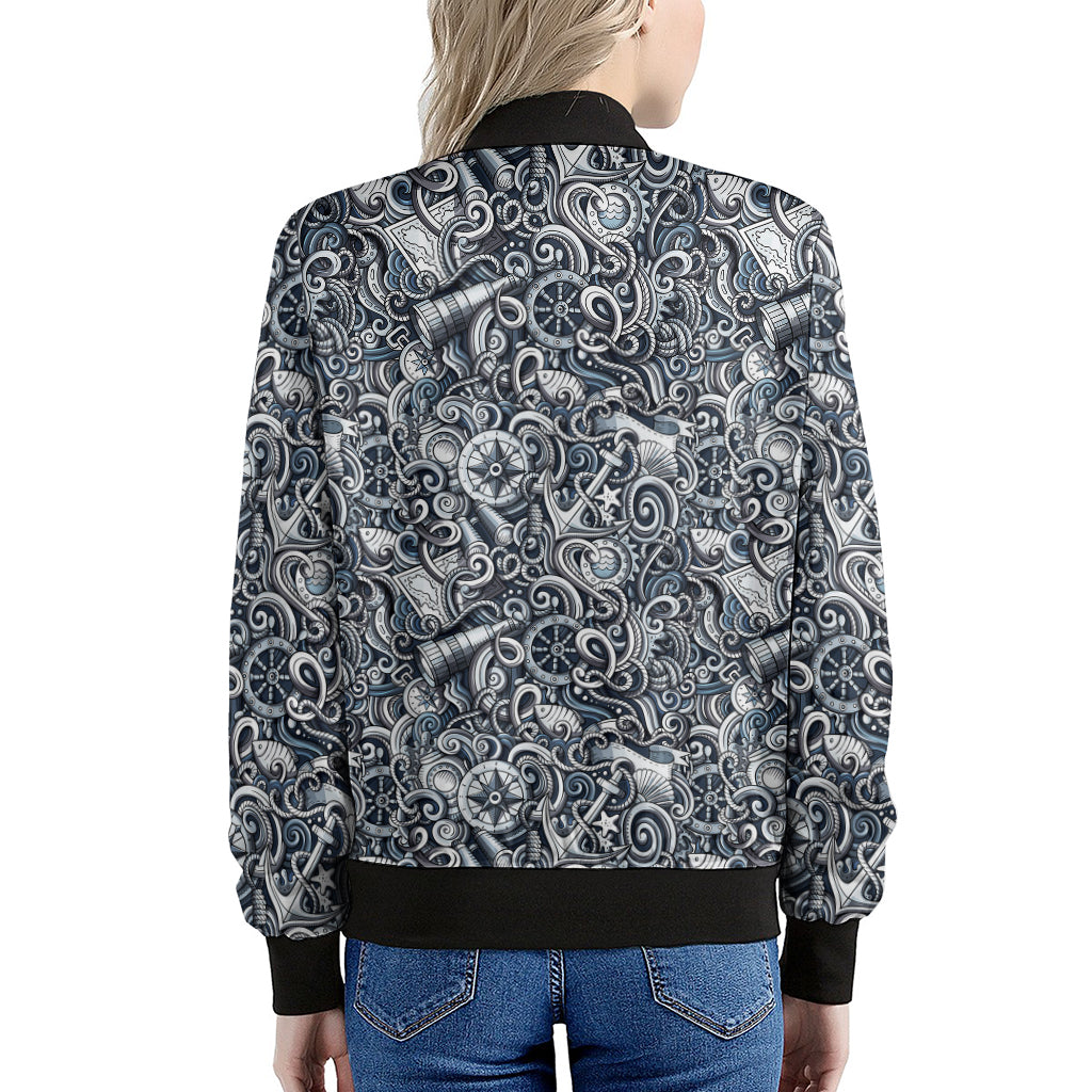 Abstract Nautical Anchor Pattern Print Women's Bomber Jacket