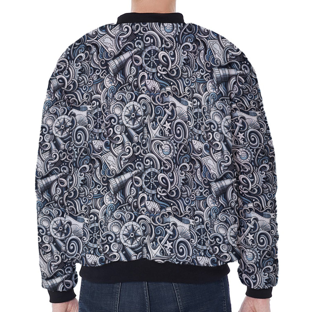 Abstract Nautical Anchor Pattern Print Zip Sleeve Bomber Jacket