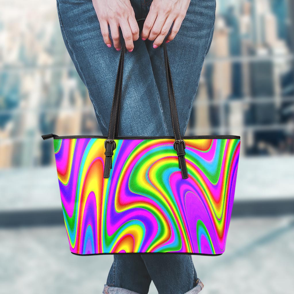 Abstract Neon Trippy Print Leather Tote Bag