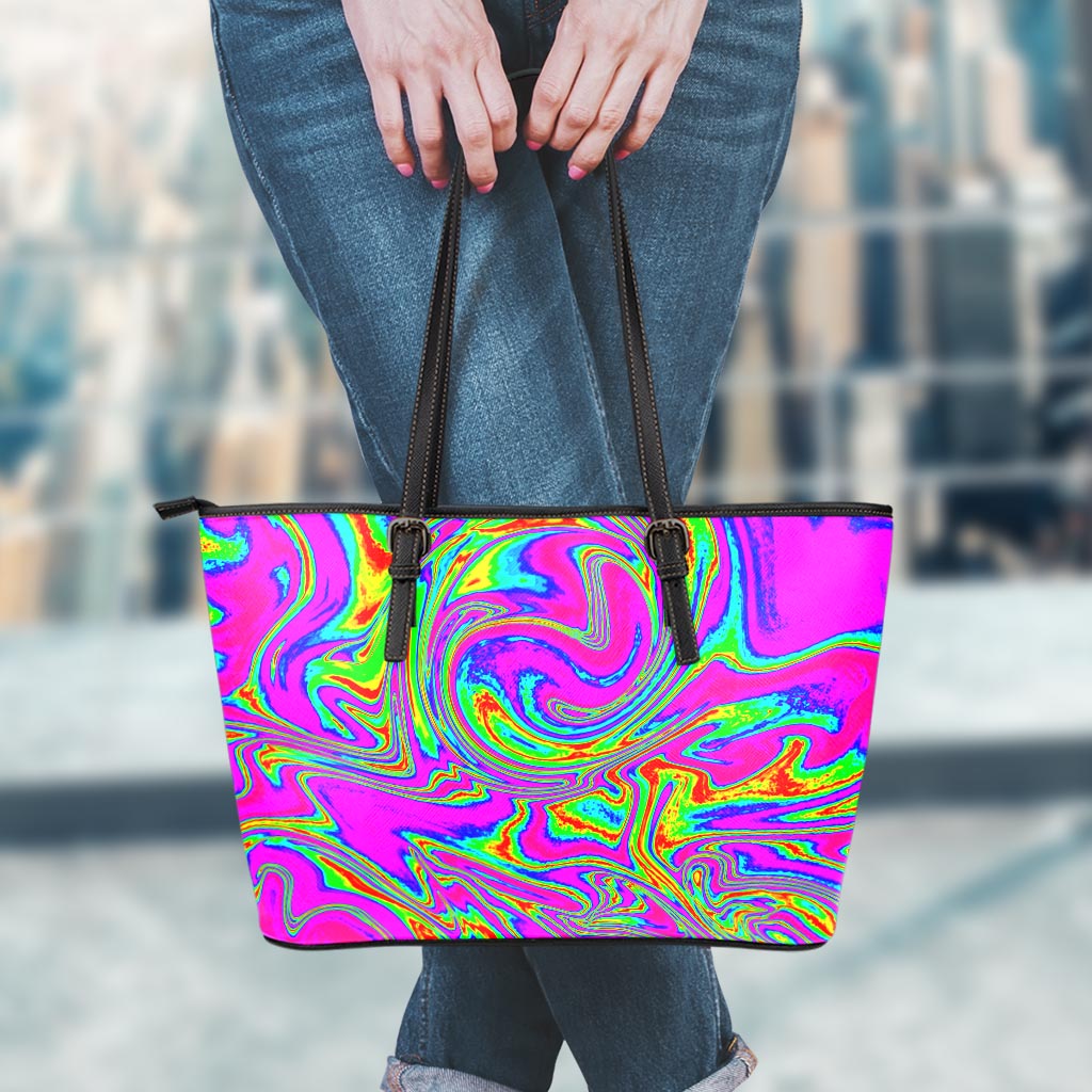 Abstract Psychedelic Liquid Trippy Print Leather Tote Bag