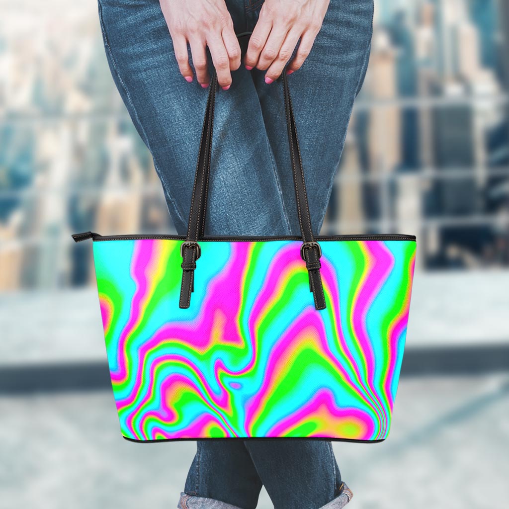 Abstract Psychedelic Trippy Print Leather Tote Bag