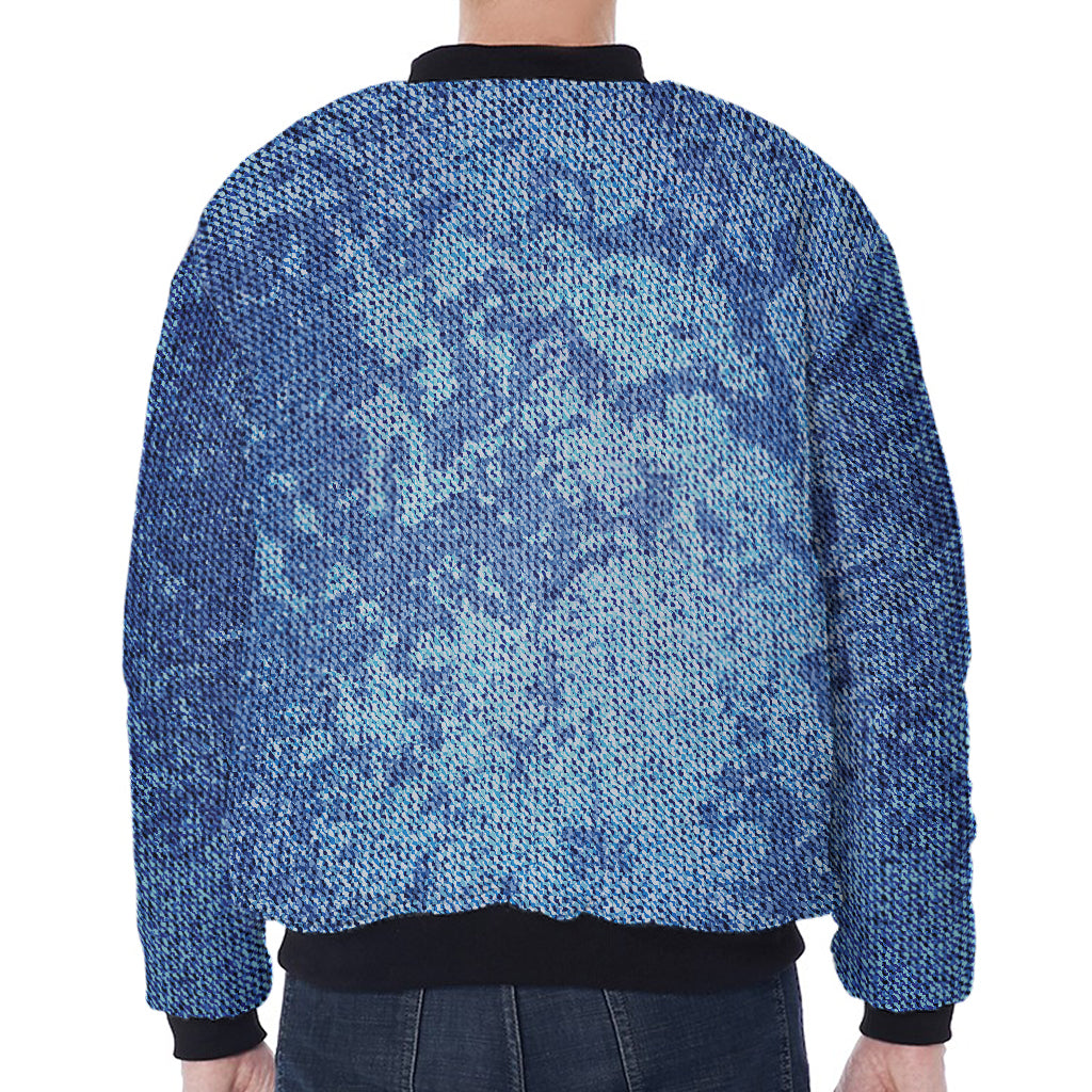 Acid Wash Denim Jeans Pattern Print Zip Sleeve Bomber Jacket