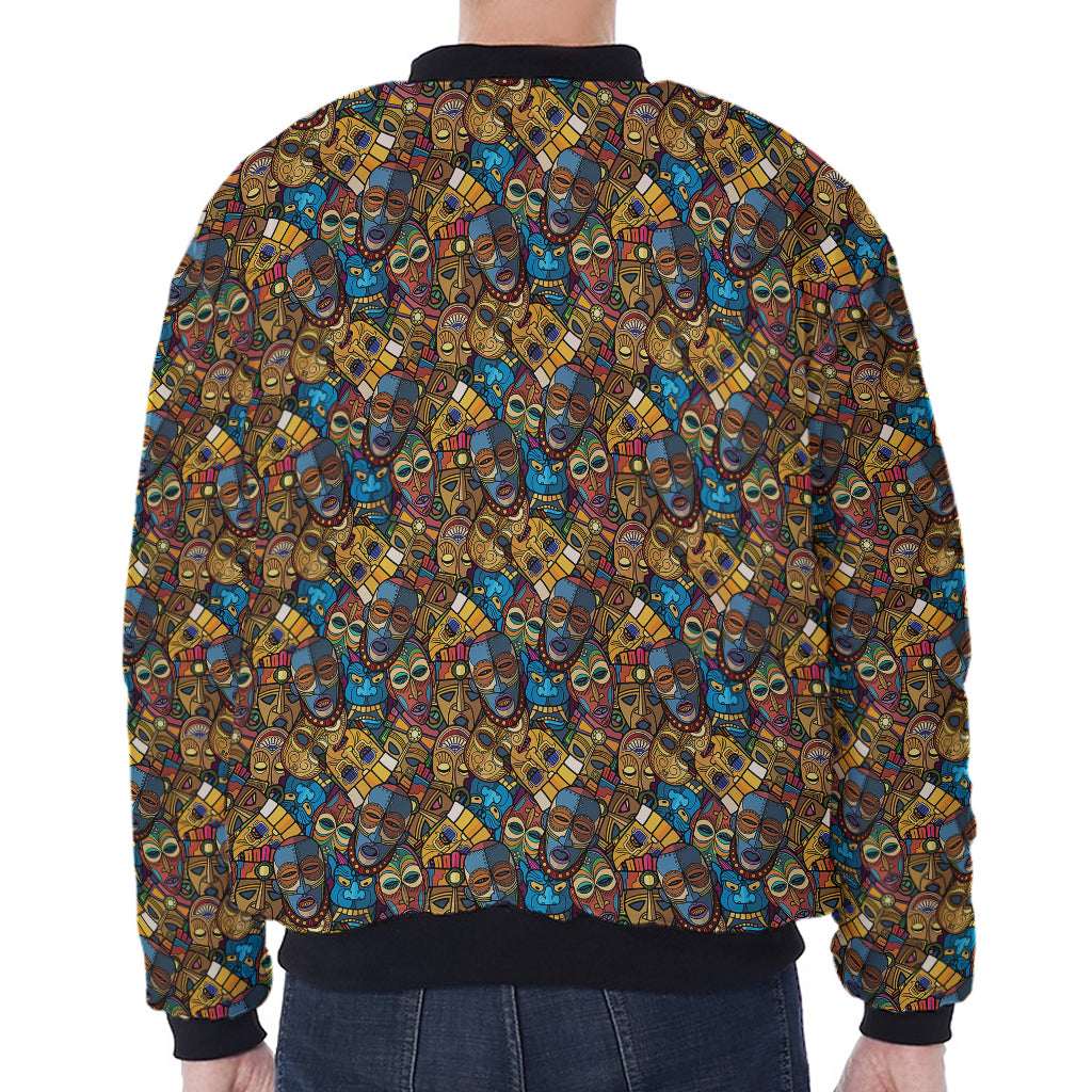 African Totem Masks Pattern Print Zip Sleeve Bomber Jacket