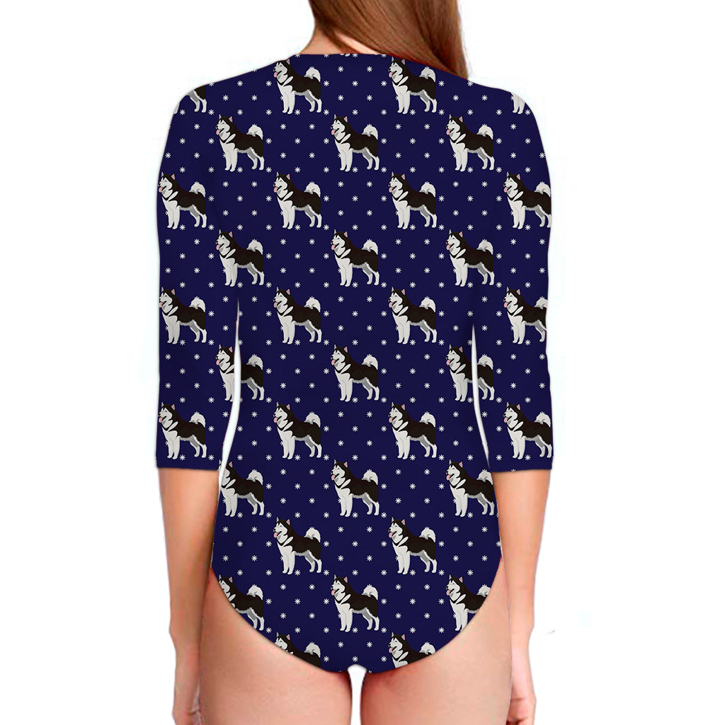 Alaskan Malamute Pattern Print Long Sleeve Swimsuit