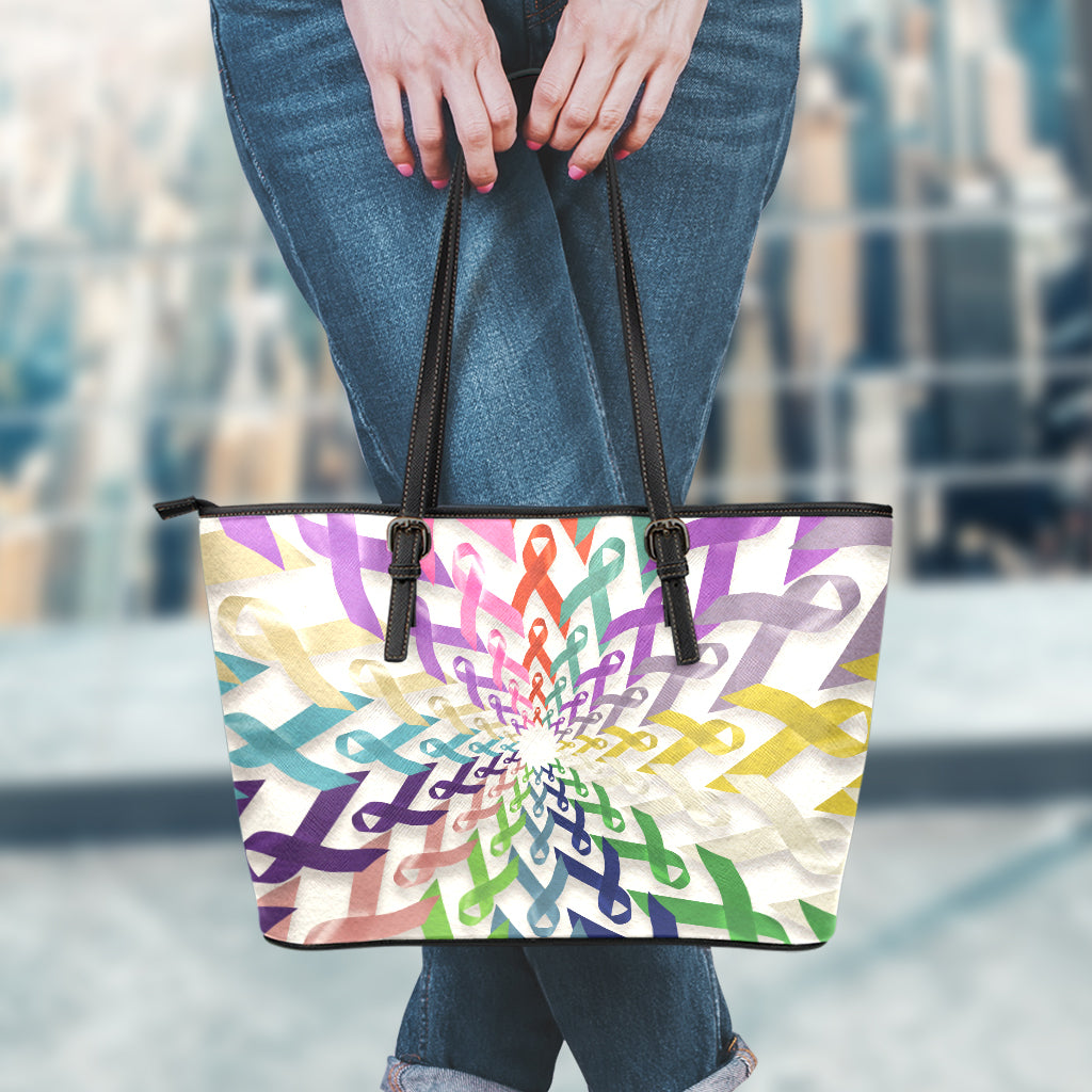 All Cancer Awareness Mandala Print Leather Tote Bag