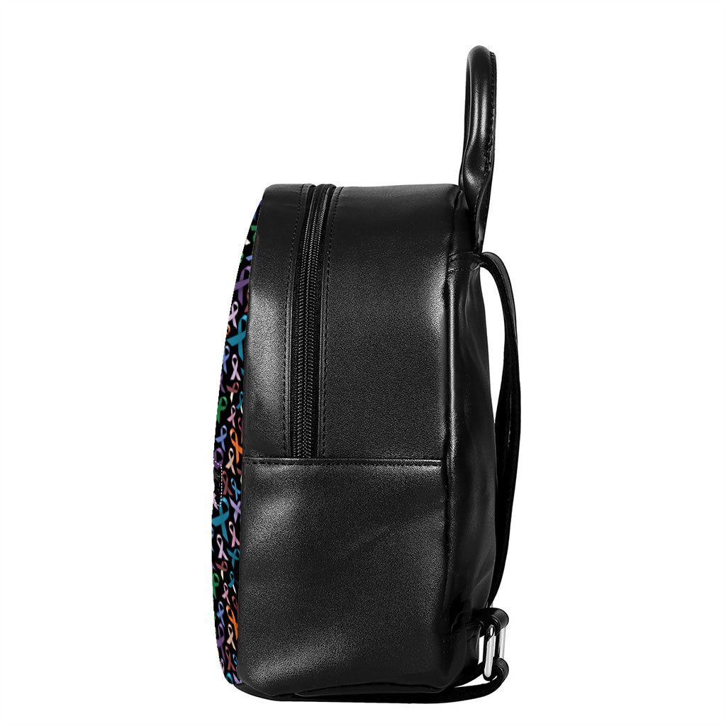 All Cancer Awareness Pattern Print Leather Backpack