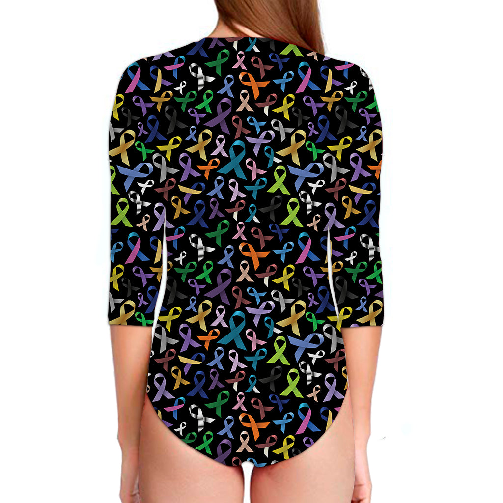 All Cancer Awareness Pattern Print Long Sleeve Swimsuit