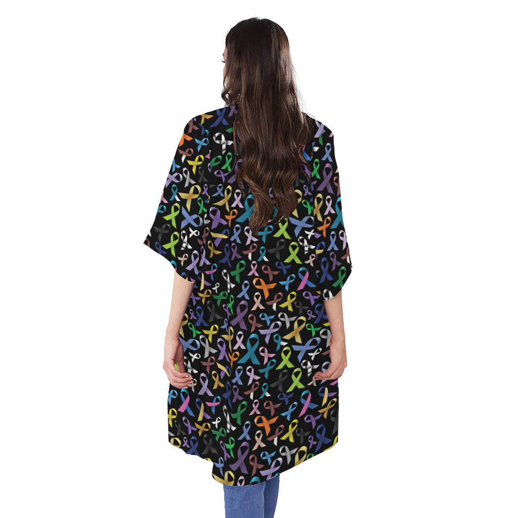 All Cancer Awareness Pattern Print Open Front Beach Cover Up