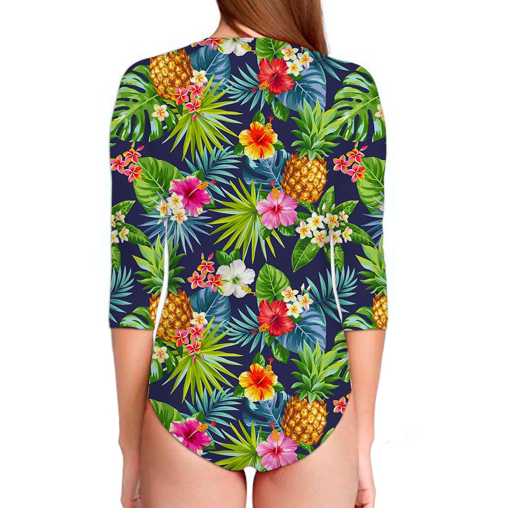 Aloha Hawaii Tropical Pattern Print Long Sleeve Swimsuit