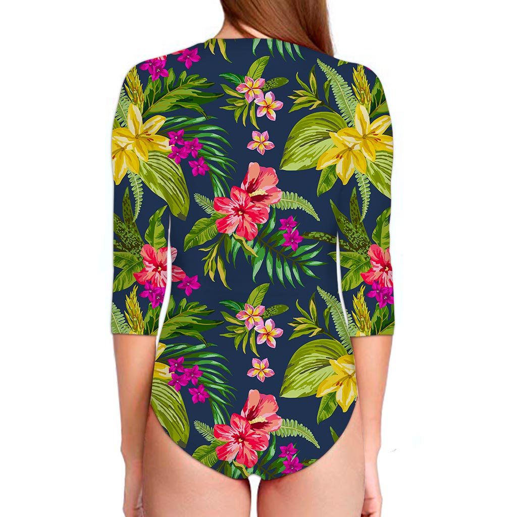 Aloha Hawaiian Flowers Pattern Print Long Sleeve Swimsuit
