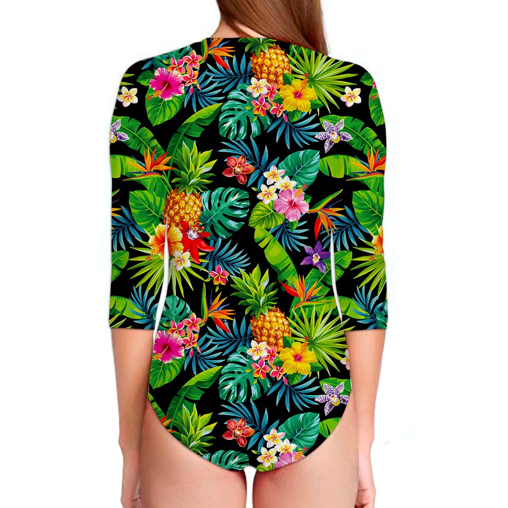 Aloha Hawaiian Tropical Pattern Print Long Sleeve Swimsuit