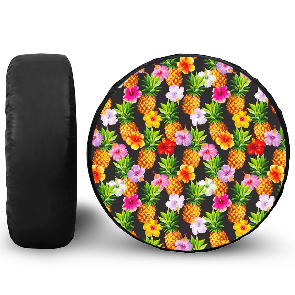 Aloha Hibiscus Pineapple Pattern Print Leather Spare Tire Cover