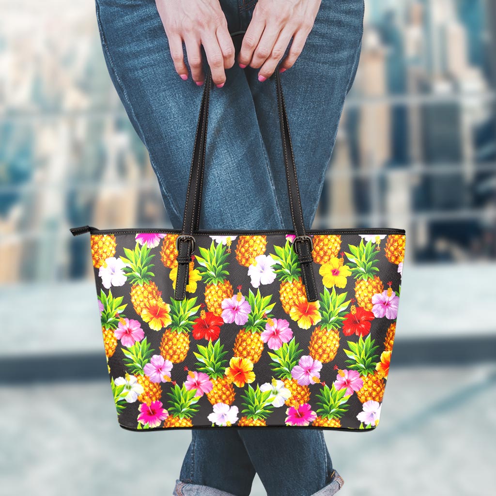 Aloha Hibiscus Pineapple Pattern Print Leather Tote Bag