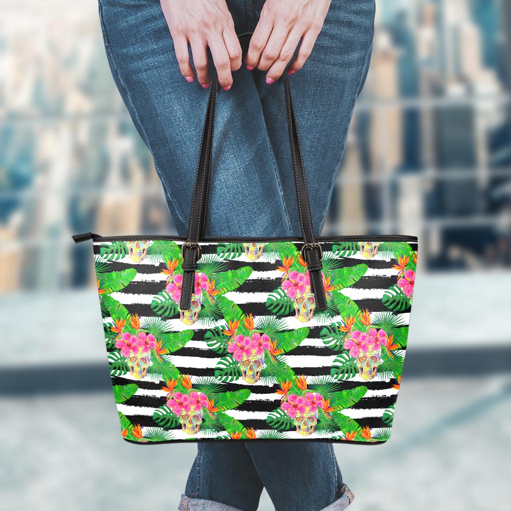 Aloha Skull Striped Pattern Print Leather Tote Bag