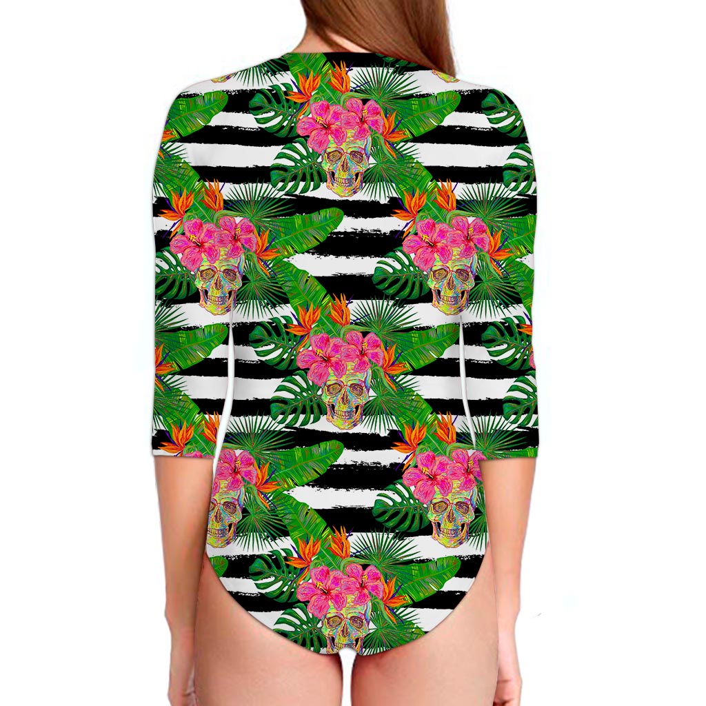 Aloha Skull Striped Pattern Print Long Sleeve Swimsuit