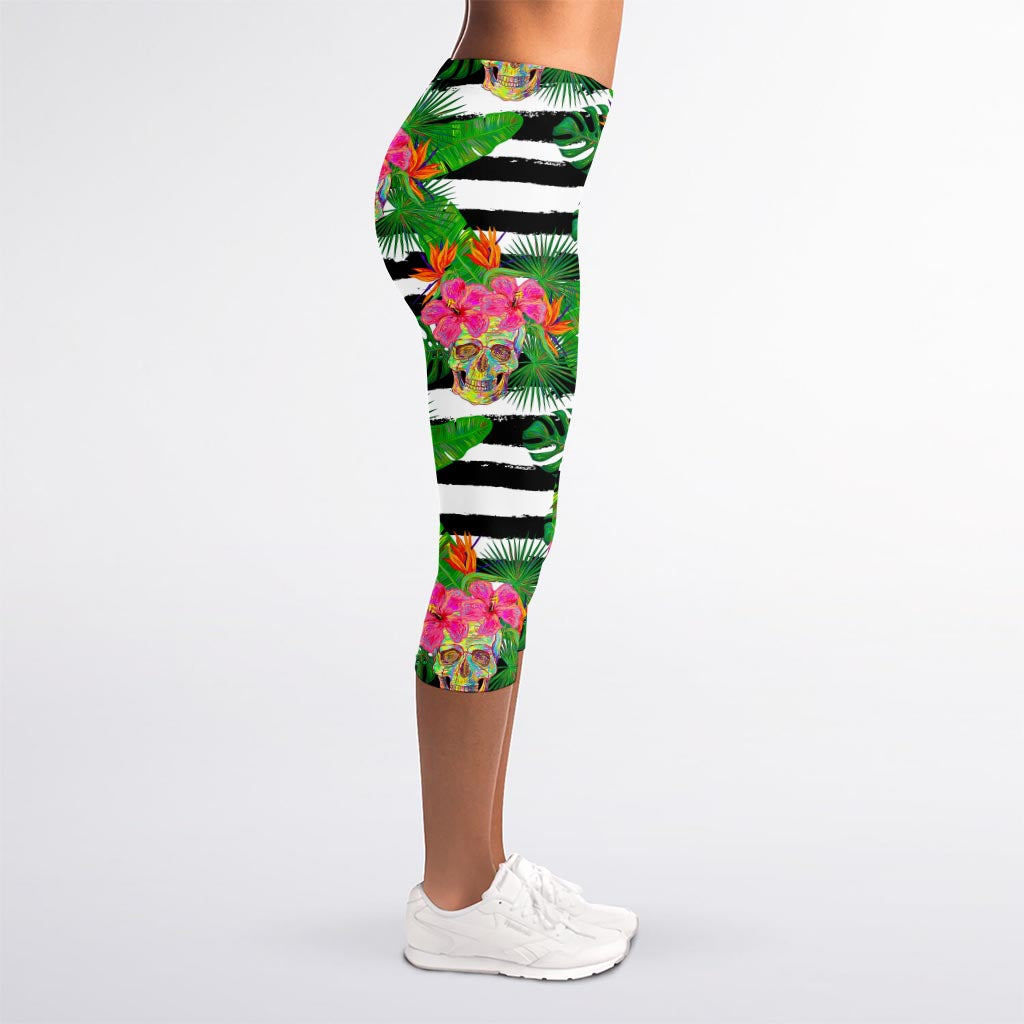 Aloha Skull Striped Pattern Print Women's Capri Leggings