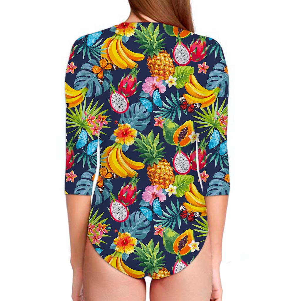 Aloha Tropical Fruits Pattern Print Long Sleeve Swimsuit