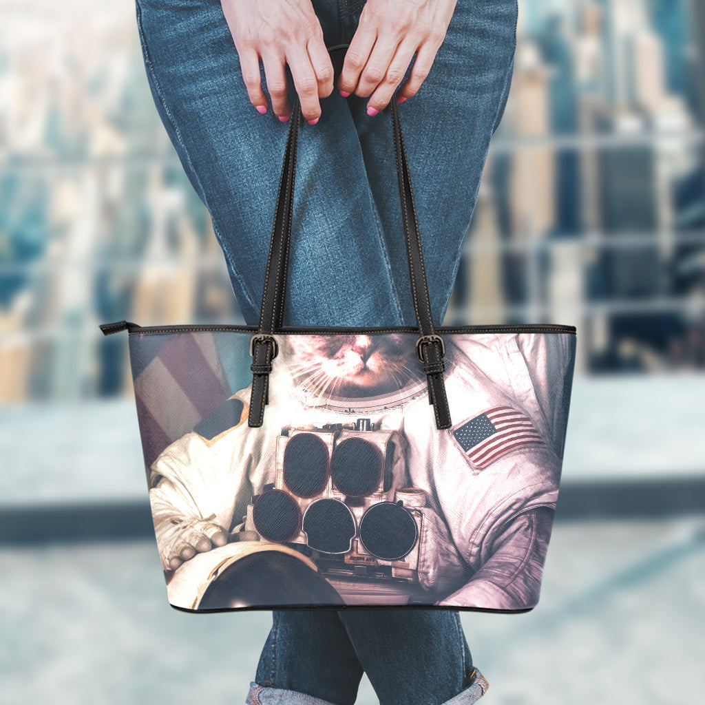 American Astronaut Cat Print Leather Tote Bag