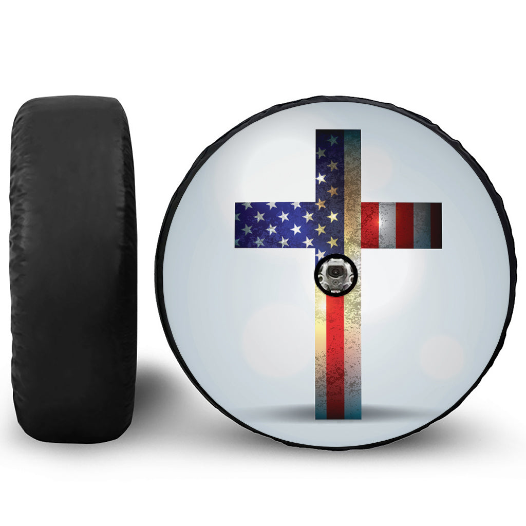 American Christian Cross Flag Print Tire Cover With Camera Hole