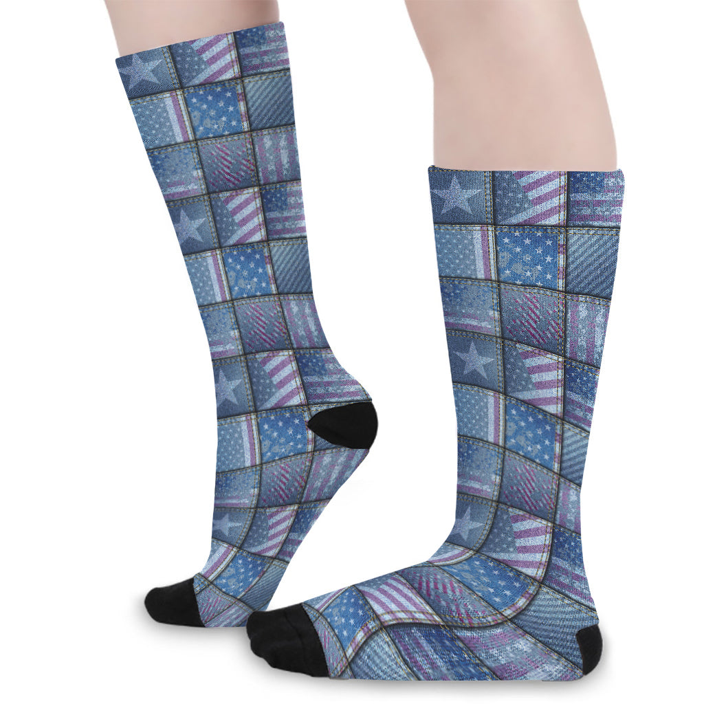 American Denim Patchwork Pattern Print Long Socks
