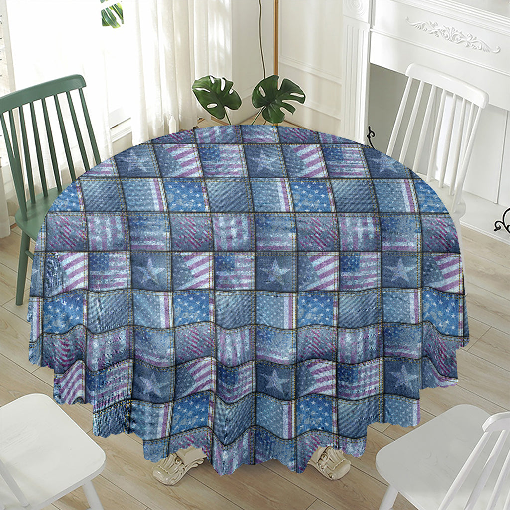 American Denim Patchwork Pattern Print Waterproof Round Tablecloth