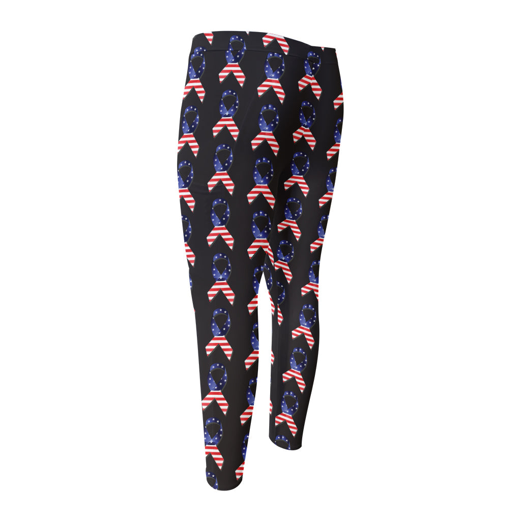 American Flag Ribbon Pattern Print Men's Compression Pants