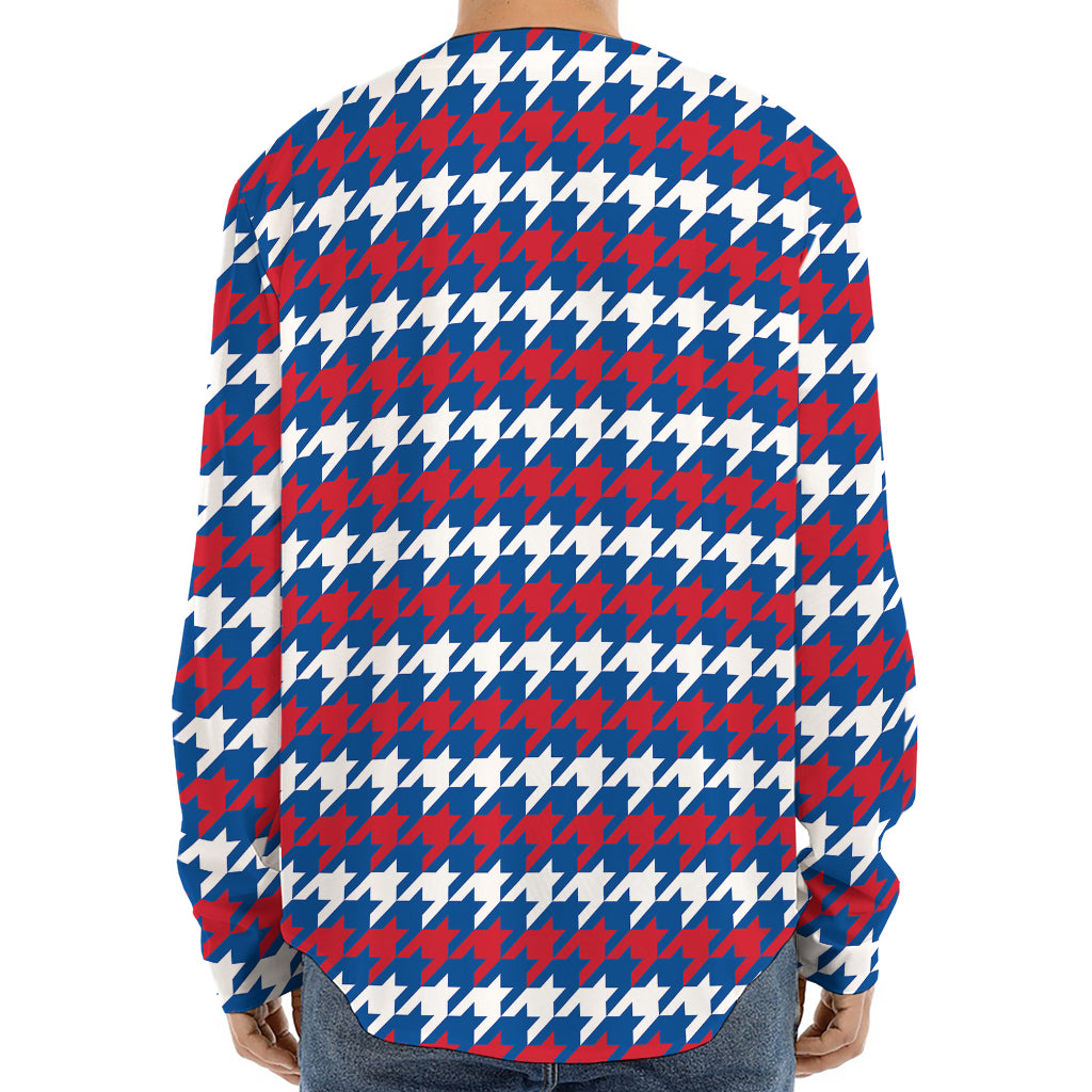 American Houndstooth Pattern Print Long Sleeve Baseball Jersey