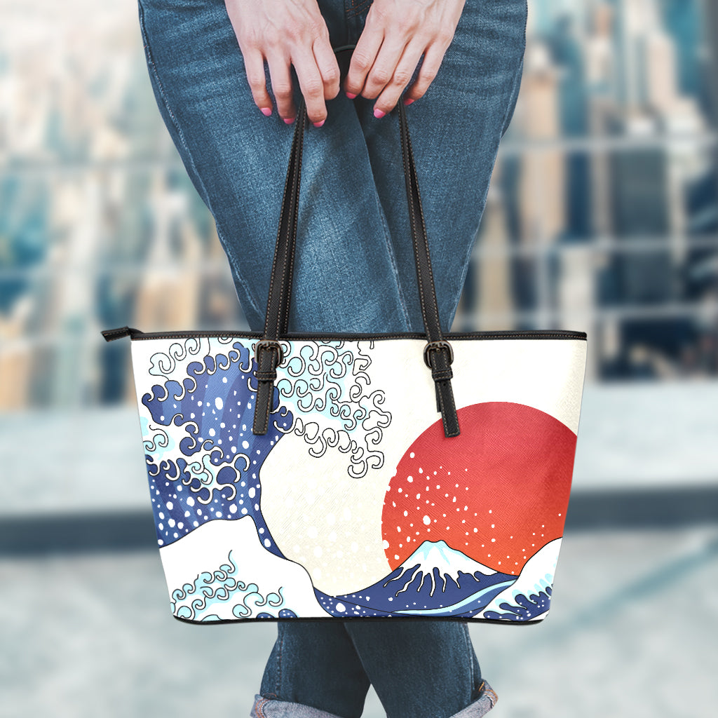 Ancient Great Japanese Wave Print Leather Tote Bag