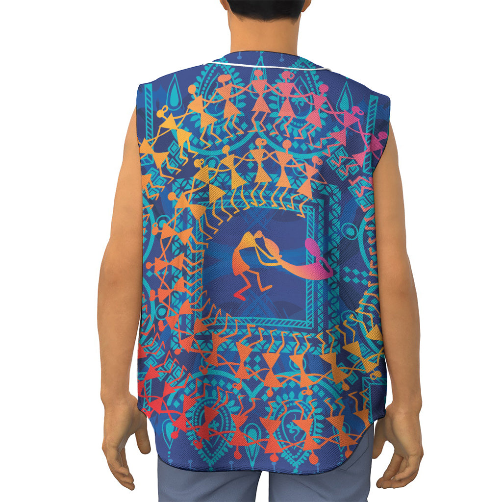 Ancient Indian Warli Tribal Print Sleeveless Baseball Jersey