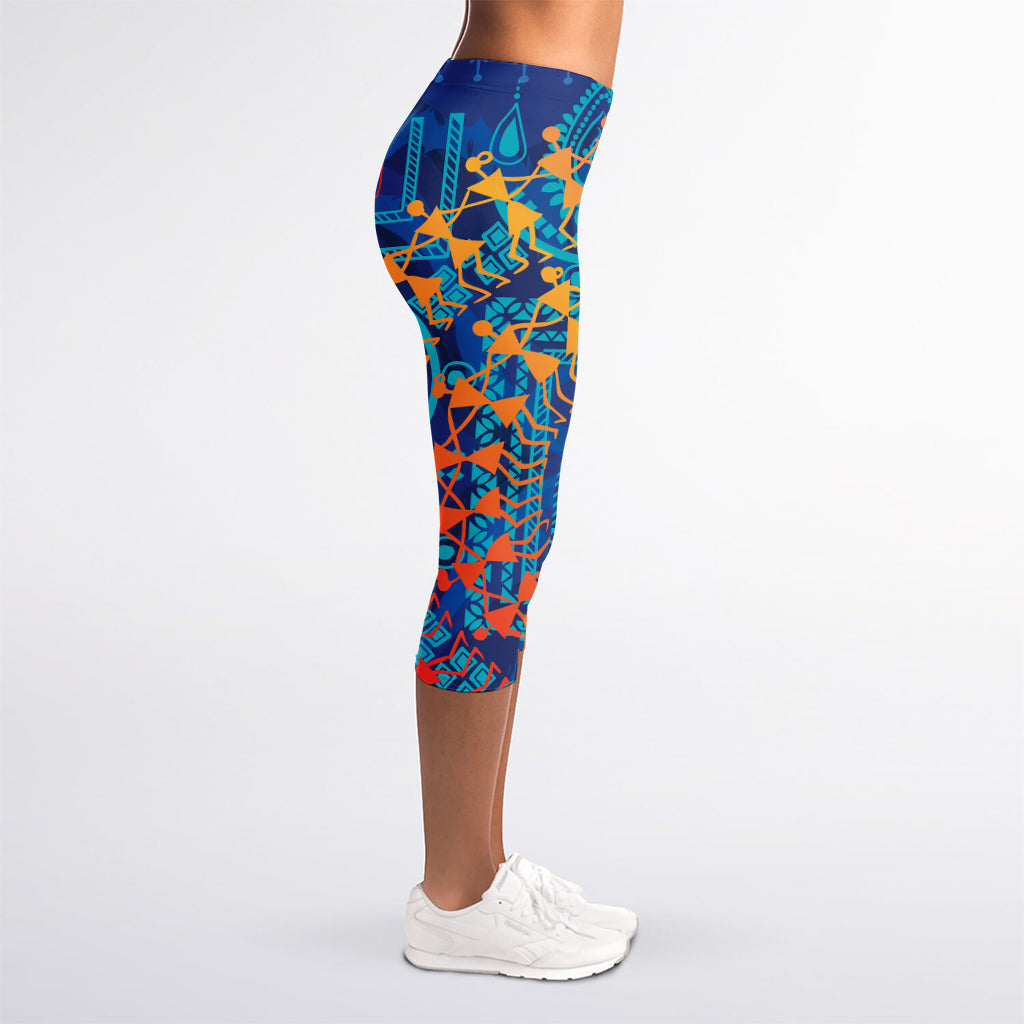 Ancient Indian Warli Tribal Print Women's Capri Leggings