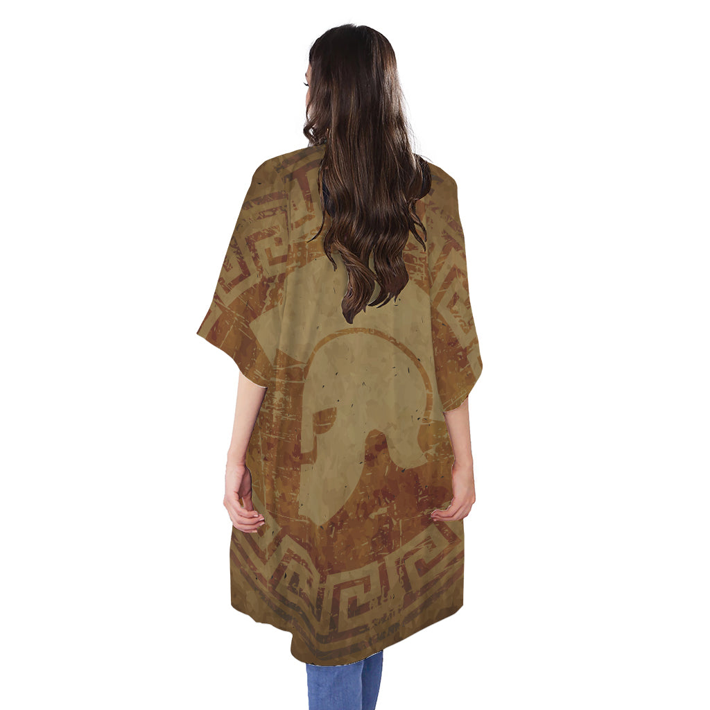 Ancient Spartan Helmet Print Open Front Beach Cover Up