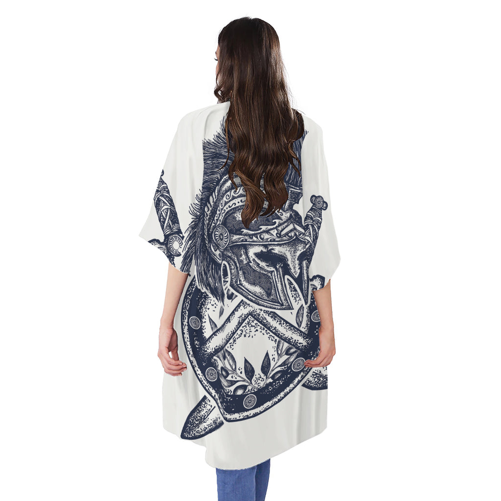 Ancient Spartan Print Open Front Beach Cover Up