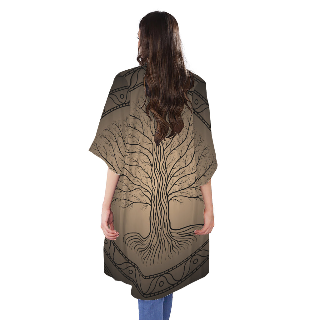 Ancient Yggdrasil Tree Print Open Front Beach Cover Up