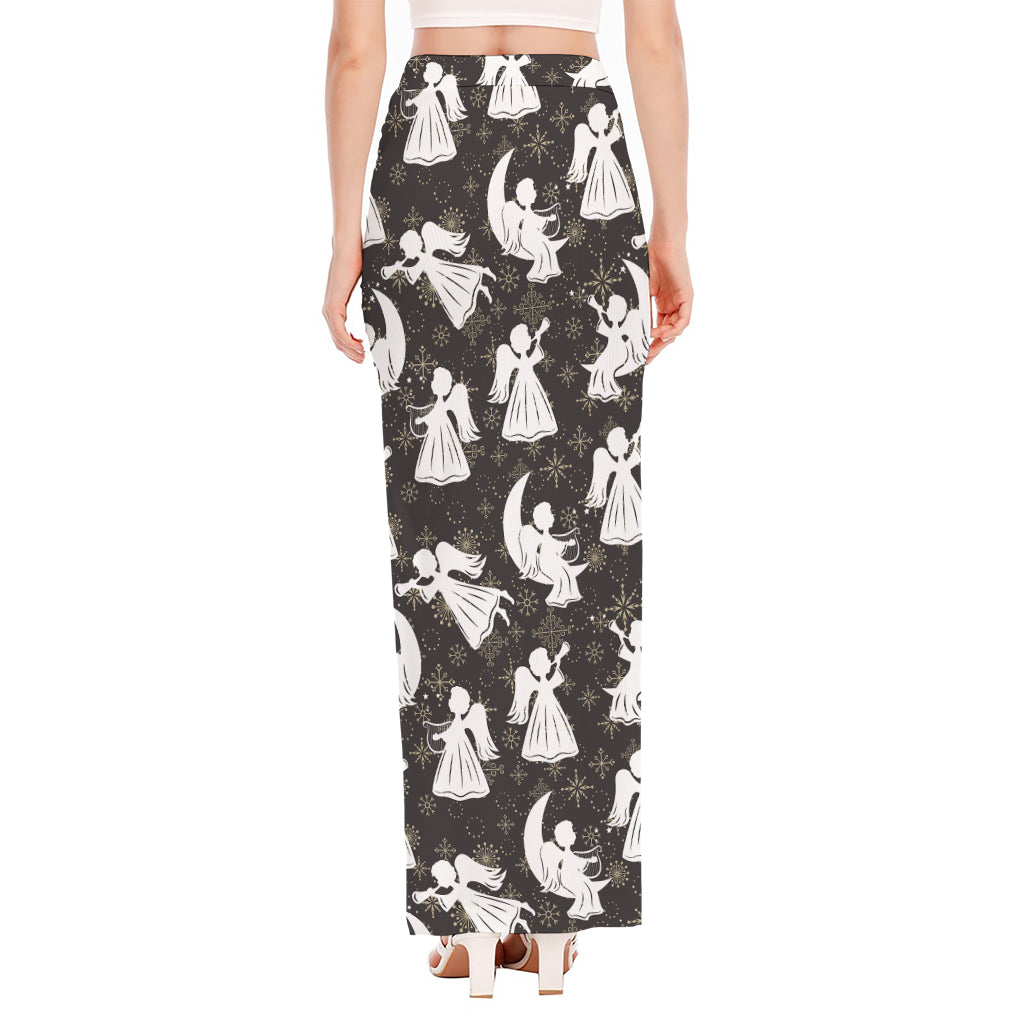 Angel And Snowflake Pattern Print High Slit Maxi Skirt